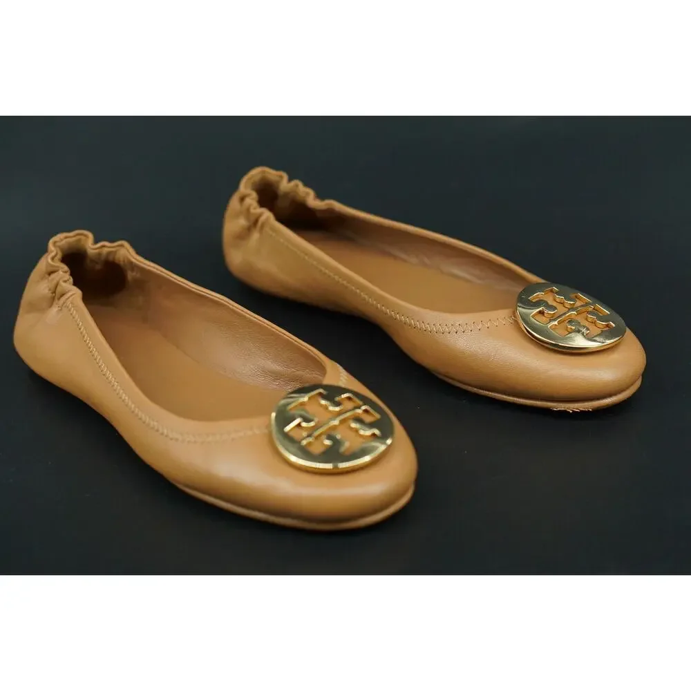 Tory Burch Women's Minnie Travel Ballet Flats Gold Logo Size 7 New